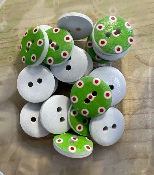 Green with White/Red dot buttons 1.5cm