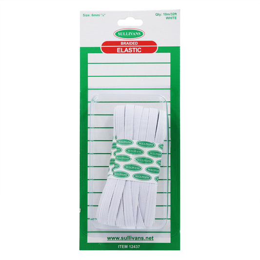 6mm, 10m White Braided Elastic