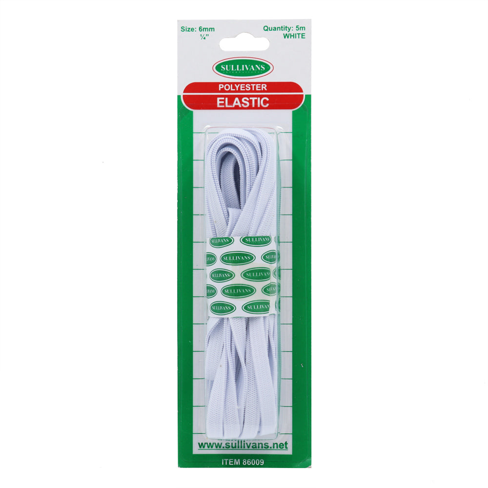 6mm, 5m White Braided Elastic