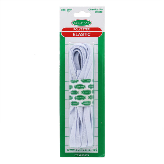 6mm, 5m White Braided Elastic
