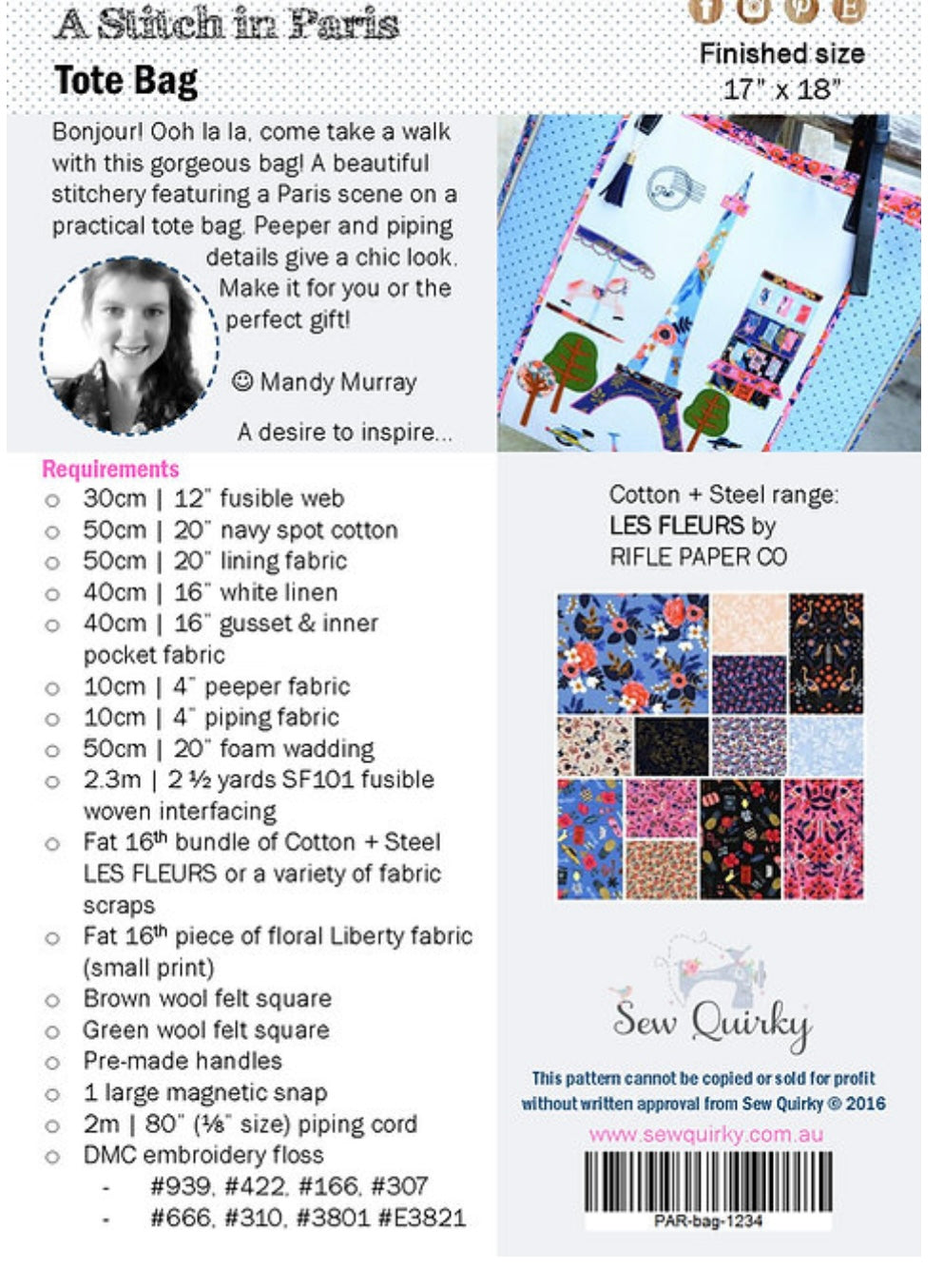 Sew Quirky A Stitch in Paris Tote Bag Pattern