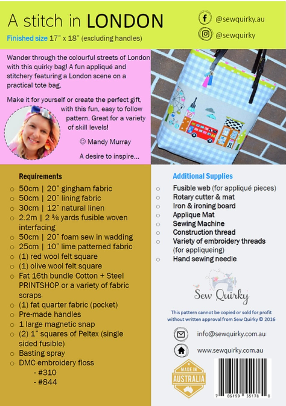 Sew Quirky A Stitch in London Tote Bag Pattern