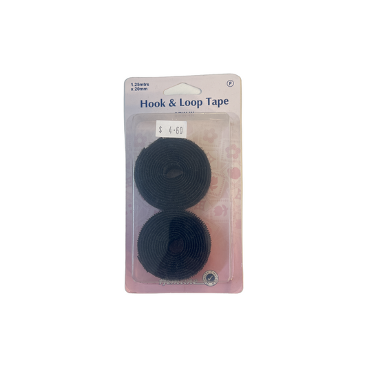 Hemline Hook & Loop Tape Black 1.25m x 20mm (Sew In)
