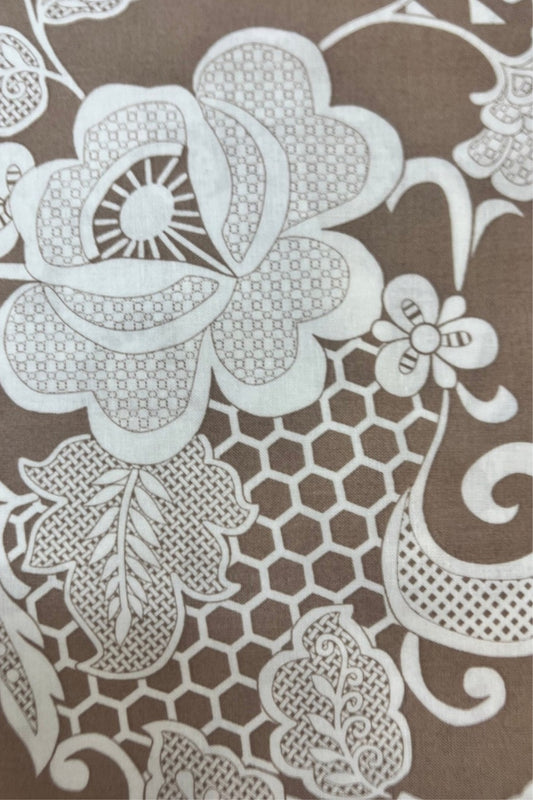 100% Cotton Fabric Brown & White Flowers